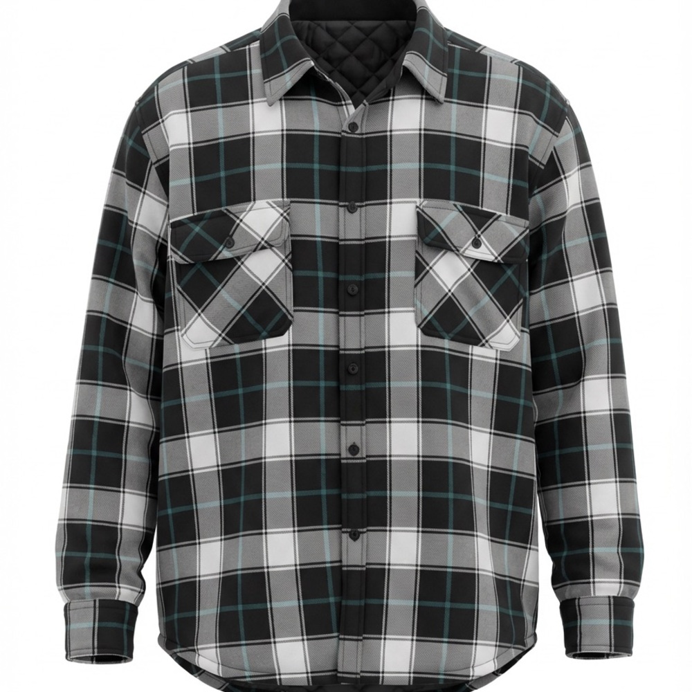 Pierre 2XL Men’s Black and Gray Plaid with Blue stripes Quilted Jacket.